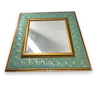 40's-50' vintage wall handing mirror pastel mint green verdigris embossed wooden